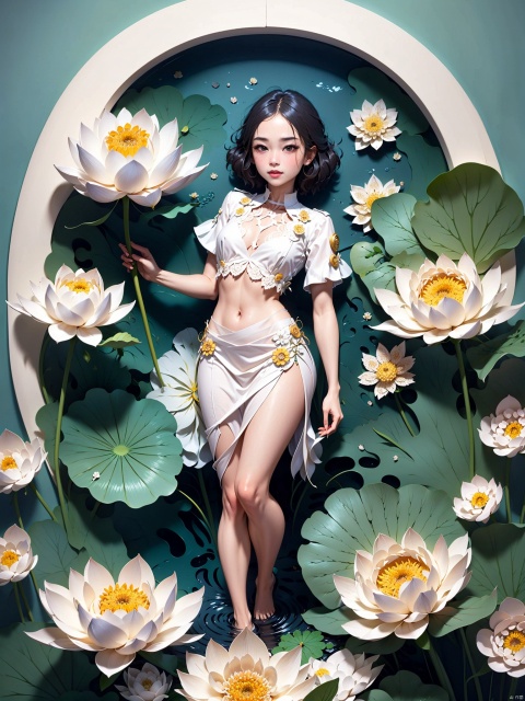 Lotus, big lotus, big lotus petals, densely packed large lotus leaves and big lotus flowers, a small boat in the lotus pond. The girl sits on the wooden boat with her head lowered and eyebrows lowered, her left hand protruding from the white lotus petals, and her right hand carrying her back. The huge white lotus petals make up the top, with neat curled hair and a ball shaped head, without any broken hair. The light blue silk long skirt, which is 2 meters long, sways in the wind and floats in the air, Paper Cuttings style,