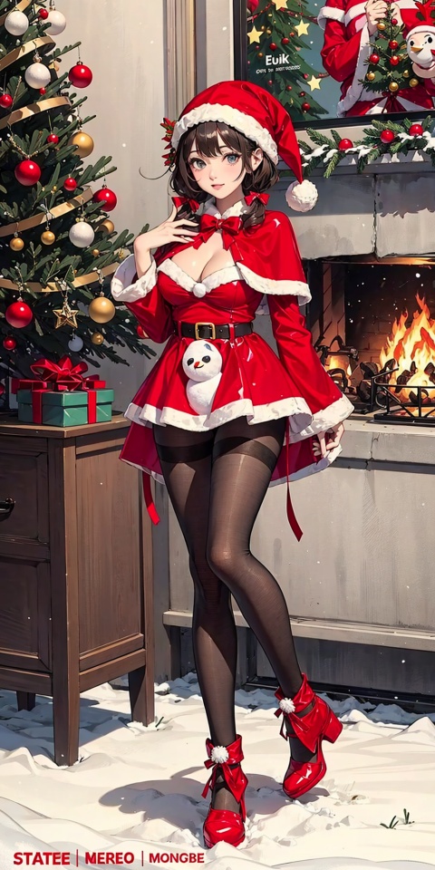  Christmas, elk, Santa Claus, gift, Snowflake, (Christmas trees), presents, Black pantyhose,lights,Christmas tree,1girl, full body,tutututu,Cleavage,With a gift in hand,(animal,cat),The shining stars,(Poster cover),snowman,(mountain),Outside, with Santa, 1girl