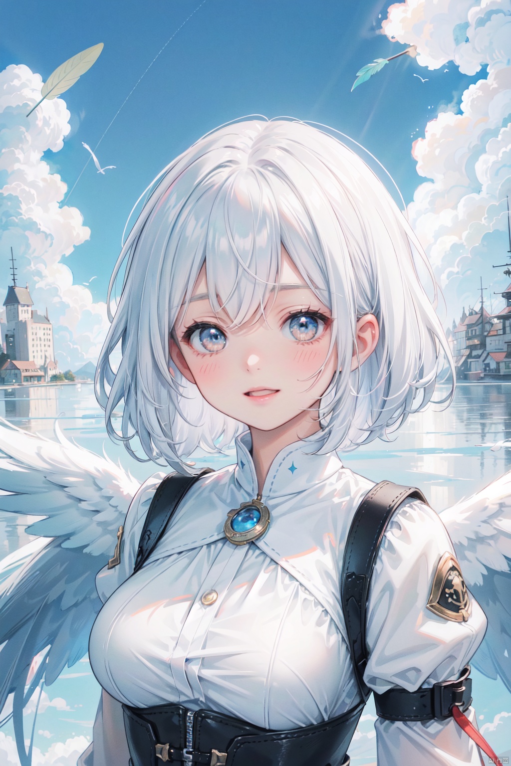 ((best quality, ultra detailed)),(best quality, ultra detailed), fantasy, fisheye, (bishoujo:1.3), 1 cute angel flying in sky, solo, ((Spread huge white wings)), happy smile, opened mouth, black eye, delicate eyes, portrait, short hair, silver hair,beautiful and detailed background, (above the clouds:1.4), (some floating island, floating city:1.5), weightlessness, zero gravity ,giant scales, (feathers:1.3)