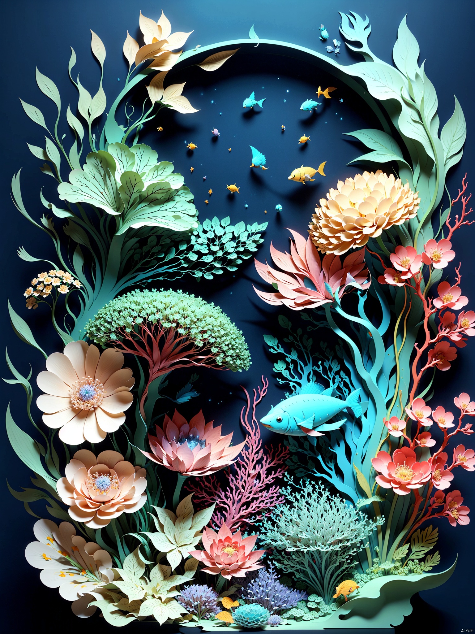 Marmaid, blue, foam, singing, master's work, best quality, (very detailed CG unified 8k wallpaper), (best quality), (best illustration), (best shadow), luminous spirit, luminous deer, Japanese theme elements. Mysterious deep sea, beautiful ocean, surrounded by flowers, delicate leaves and branches surrounded by fireflies (natural elements), (jungle theme), (crystals), (pearls), (clouds and mist), (particle effects) and other 3D, Octane rendering, ray tracing, ultra fine -- v6,Paper Cuttings style,