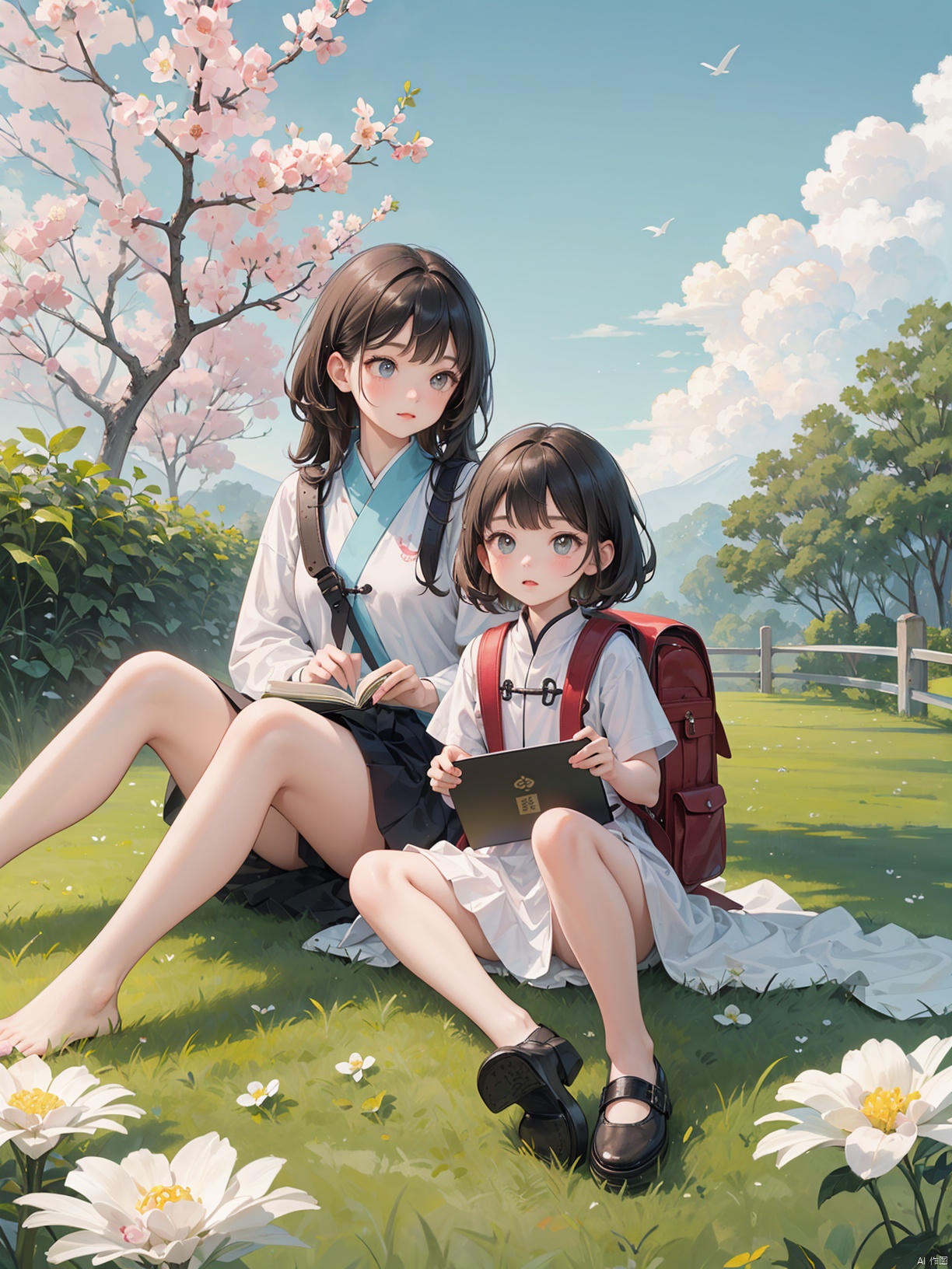  (Masterpiece), (Best Quality), Children's Illustration, Line Stroke, 1 cute girl, blue pupils, curly brown hair, holding a book, backpack, tablet, sitting on the grass, looking at the sky, clouds, donuts, white flowers, detailed details,, A ink painting of a tranquil orchard with Chinese writing on it and a pair of birds building their nest, with a fruit-laden branch in the foreground, An Zhengwen, organic painting, a minimalist painting, art & language, ink and wash,