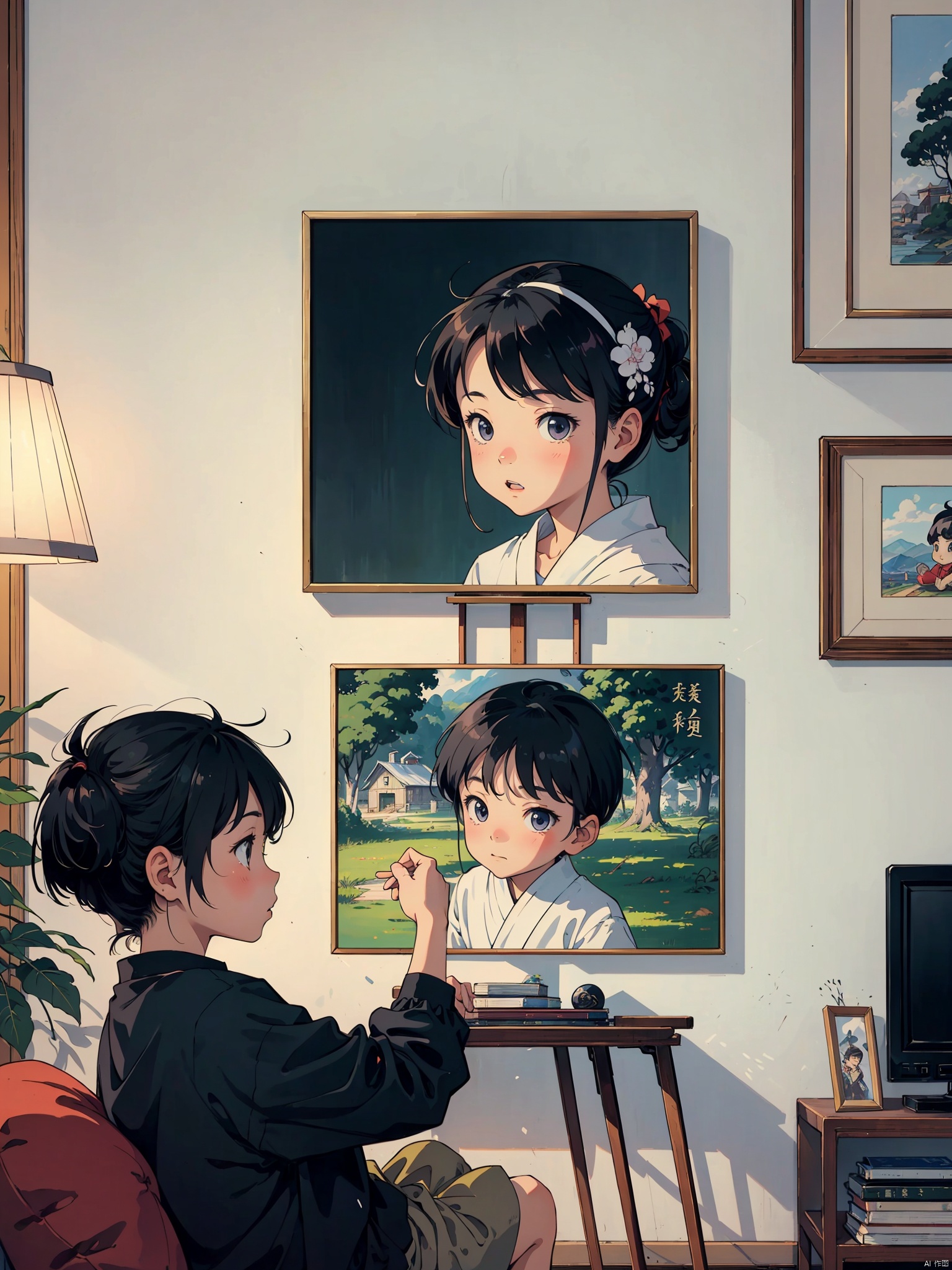  Thick painted Chinese cartoons, textbook illustrations, Feng Zikai, Eastern poetry and painting, childhood memories, 1980s and 1990s, thick painted Chinese cartoons, rural areas, a little boy in the room, watching black and white TV, panoramic composition, delicate lines, high-quality, 32K, high-quality, masterpiece, perfect composition,
