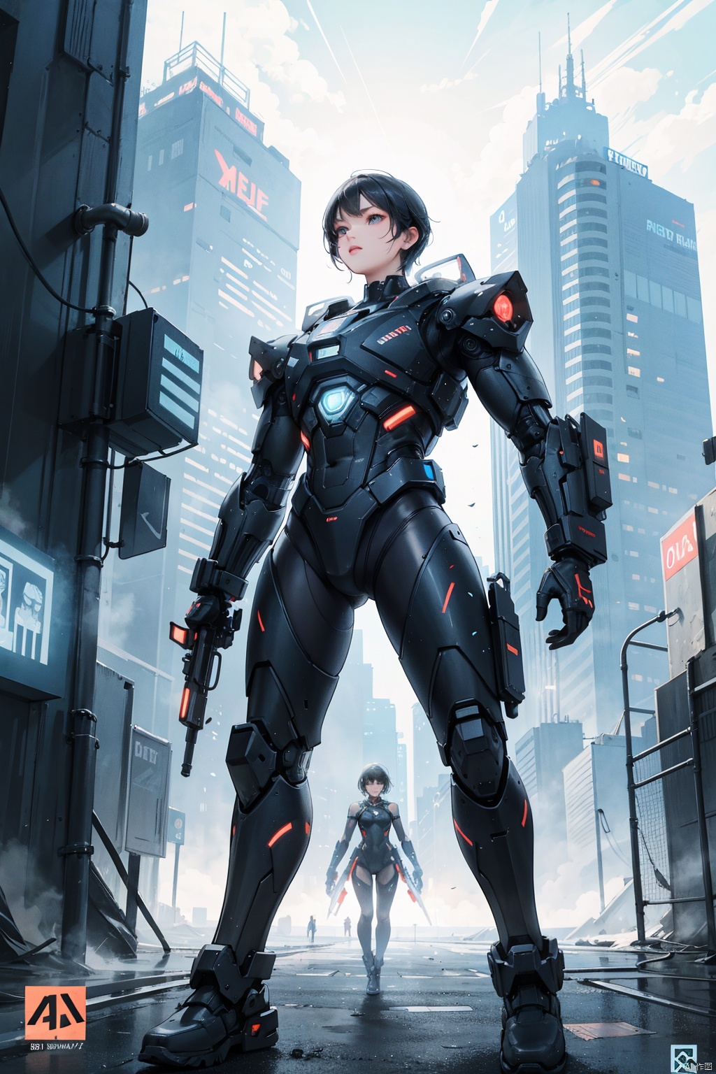 cybernetic rebellion, android protagonists, futuristic city, neon-lit skylines, high-stakes battles, advanced technology,Fashion layout, magazine cover posters, dynamics, hyperdetails, Searle shadows, art, titles, logos, labels, badges, graphic design, 4k detail post-processing, atmospheric, ultra realistic, 8k, epic composition, complex details