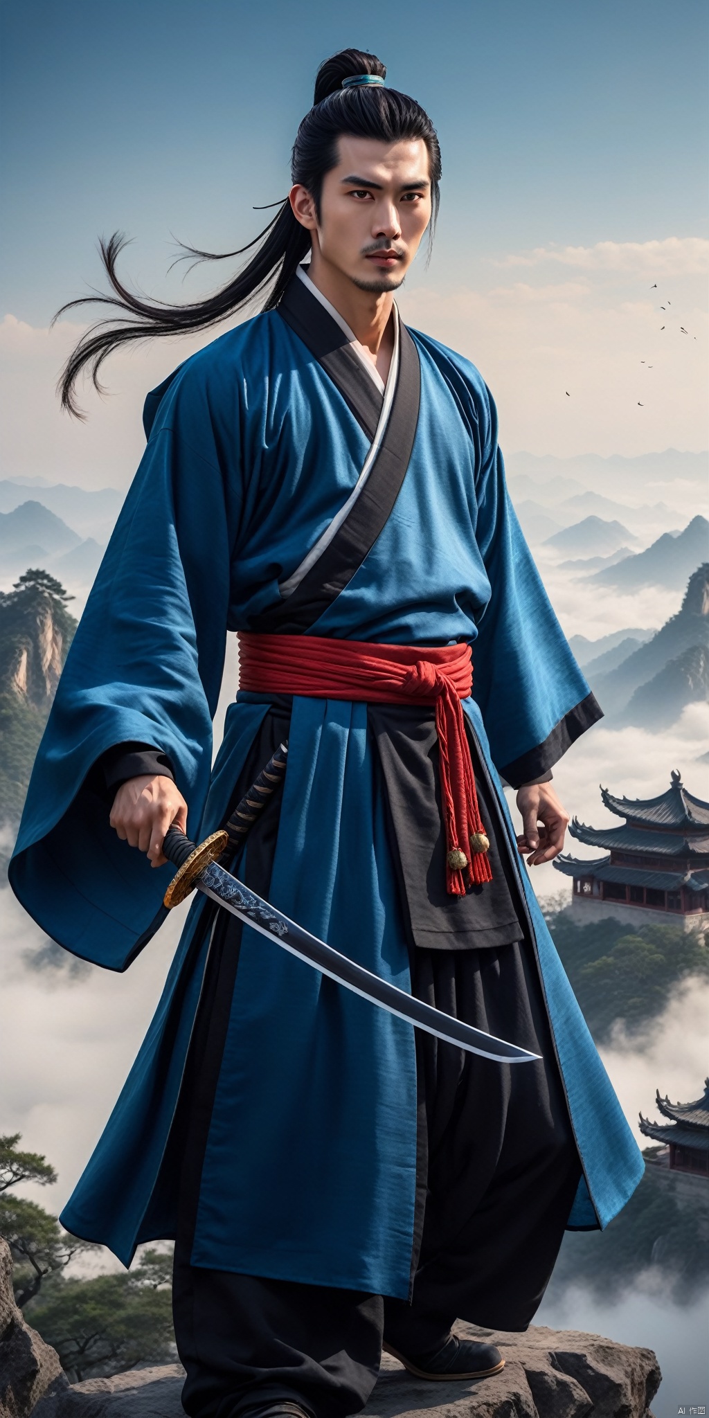 A young man with sword eyebrows and starry eyes, handsome face, exquisite facial features, bright eyes, tall nose bridge, black hair, flowing long hair, high ponytail, black wrist guard, ancient style, cultivation style, blue Taoist robe, exquisite Chinese Hanfu, long pants, Chinese cloth boots, blue sky, perfect figure, exquisite muscles, floating flying sword beside him, exquisite Chinese long sword, standing on the mountaintop, shrouded in clouds and mist, shining with lightning, The style of ink painting, master's work, high-definition 8k