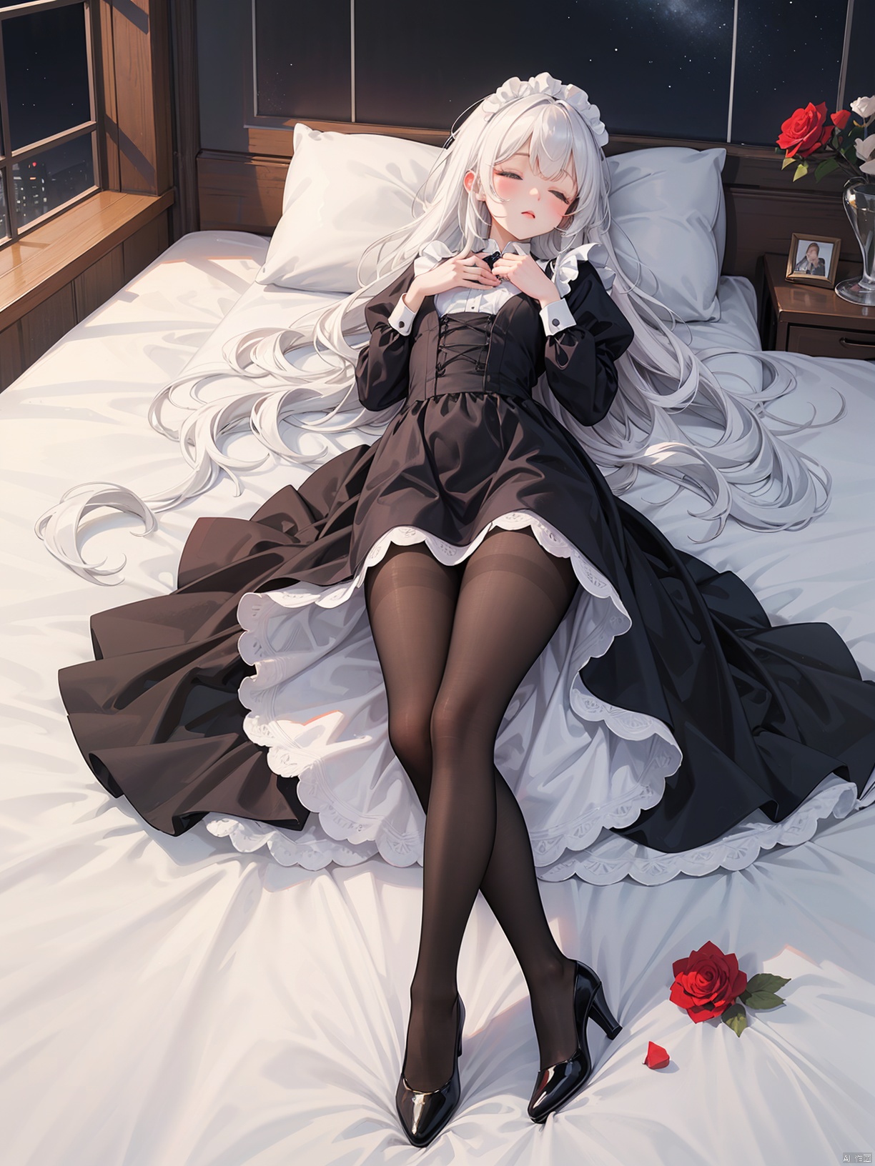 Wearing maid attire, with fluffy and dense long hair, big wavy curls, white haired beauty, white long hair, slender legs, sleeping, sleeping peacefully, mature charm, fingers holding the bed sheet, blue eyes, high heels, tall figure, full and round thighs, surrounded by roses, lying in a strange space, red roses, black pantyhose, heavy on the bed
