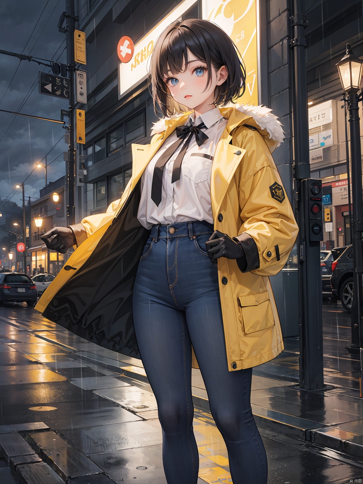  Golden short hair, girl, tall, blue eyes, thin, very tall, with a yellow and black coat, uniform, white shirt, jeans, black gloves, night, heavy rain