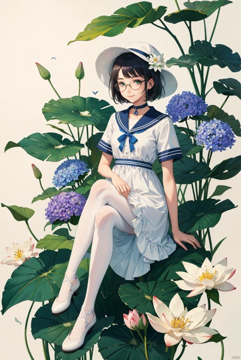 1girl,blue_bow,blue_choker,blue_flower,blue_ribbon,choker,copyright_name,daisy,dress,floral_background,flower,full_body,glasses,green_eyes,hat,holding,holding_flower,hydrangea,leaf,lily_\(flower\),lily_of_the_valley,lotus,morning_glory,plant,ribbon,sailor_collar,short_hair,short_sleeves,sitting,smile,solo,white_flower,white_headwear,white pantyhose,A ink painting of a tranquil orchard ,A group of small birds, with a fruit-laden branch in the foreground, An Zhengwen, organic painting, a minimalist painting, art and language, ink and wash,