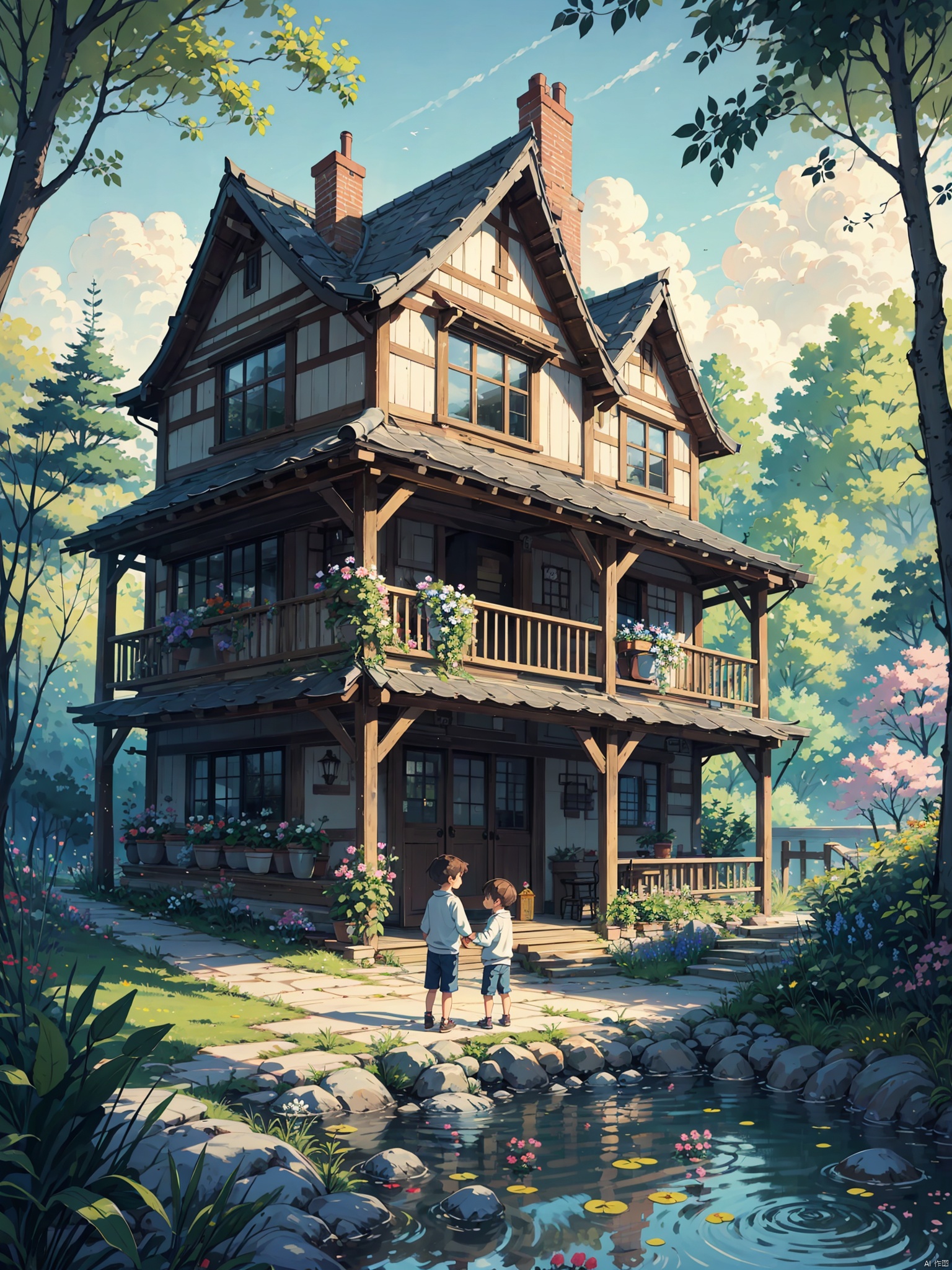 A cozy and warm picture of an old house in my hometown, leisure time, grape trellis, small table, tea set, busy repairing trees and flowers, a flower covered path, a clear stream, fish swimming in the water, a little boy wearing willow trees in the afternoon, and a little girl with braids, holding hands and looking at the flowers and plants not far away with clear eyes,