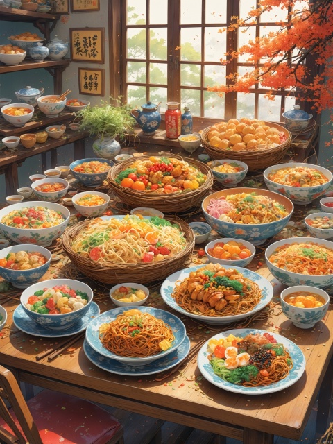 an image showing all of the food on a table, in the style of anime art, ultrafine detail, colorful washes, tangled nests, cartoon realism, chinapunk, concept art --ar 4:5