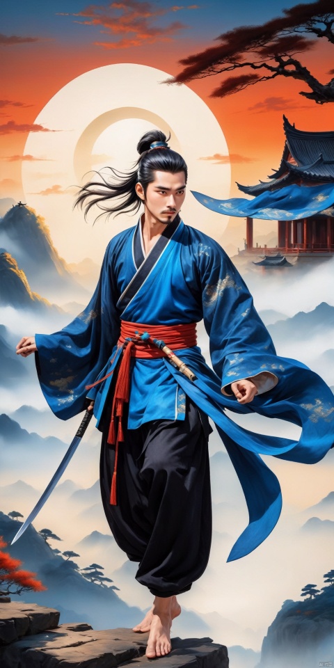 A young man with sword eyebrows and starry eyes, handsome face, exquisite facial features, bright eyes, tall nose bridge, black hair, flowing long hair, high ponytail, black wrist guard, ancient style, cultivation style, blue Taoist robe, exquisite Chinese Hanfu, long pants, Chinese cloth boots, blue sky, perfect figure, exquisite muscles, floating flying sword beside him, exquisite Chinese long sword, standing on the mountaintop, shrouded in clouds and mist, shining with lightning, The style of ink painting, master's work, high-definition 8k