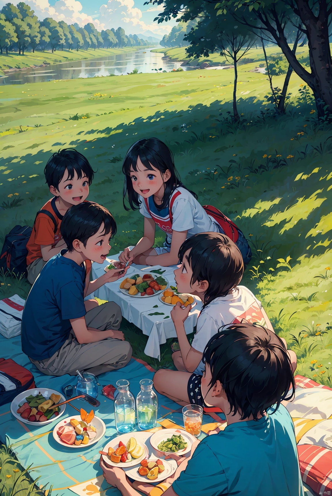 On International Children's Day, a group of children were having a picnic on the grassland. The children were very happy. The tent, the butterfly, the background was a river, and there were fishermen by the river