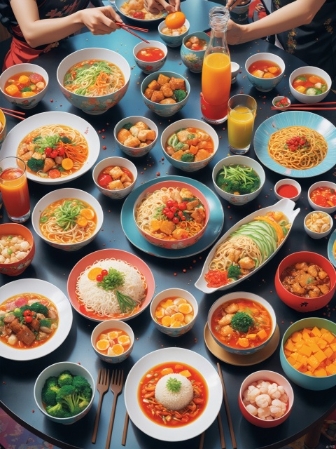 A picture showcasing all the food on the dining table, including various beverages, ingredients, close-up shots, using the style of anime art, with ultra fine details, colorful anime, colorful tableware, colorful visuals, 2D illustrations, color art, cartoon realism, Chinese punk, and conceptual art,