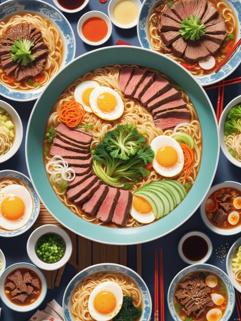 There are many dishes and drinks on one table, cartoon style, colorful cartoon stills, 2D illustrations, a large bowl of egg and beef noodles in the middle, various ingredients, and many small bowls of pickled Chinese cabbage beside, rich color art illustrations,