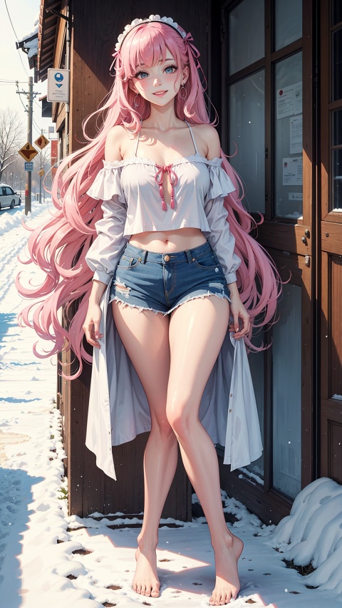 Returning from a Snowy Night, Single, Long Hair, Over Shoulder Hair, Masterpiece, 8k Resolution, Full Body Lens, Exquisite Facial Features, Perfect Face, Shining Skin, Female, Goddess, blushing, smiling, princess curls, shiny hair, Lolita hair accessories, earrings, lace trims, bare feet, off shoulder, navel exposed, legs exposed, white shirt, pink denim skirt, full chest
