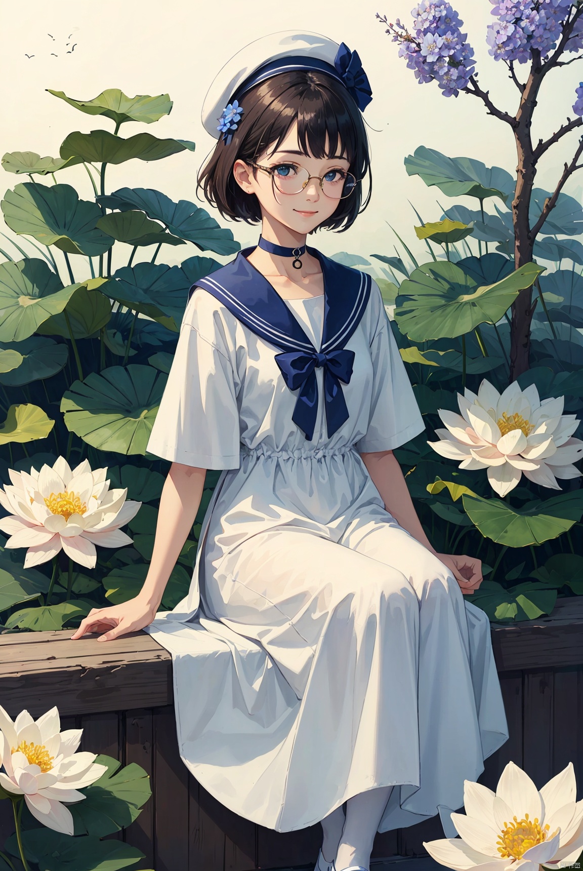 1girl,blue_bow,blue_choker,blue_flower,blue_ribbon,choker,copyright_name,daisy,dress,floral_background,flower,full_body,glasses,green_eyes,hat,holding,holding_flower,hydrangea,leaf,lily_\(flower\),lily_of_the_valley,lotus,morning_glory,plant,ribbon,sailor_collar,short_hair,short_sleeves,sitting,smile,solo,white_flower,white_headwear,white pantyhose,A ink painting of a tranquil orchard ,A group of small birds, with a fruit-laden branch in the foreground, An Zhengwen, organic painting, a minimalist painting, art and language, ink and wash,