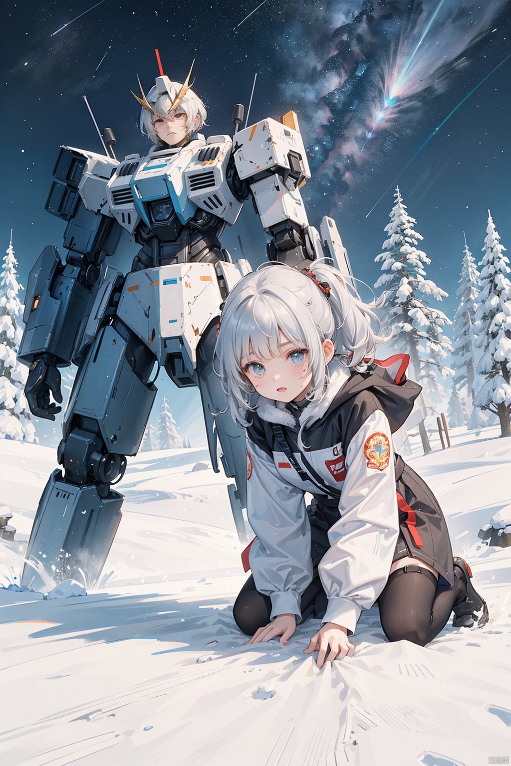 (A girl and a boy in the middle, with a giant mecha behind them, typesetting) (Snow Mountain) Spectacular, Cosmic, Combat, Mission, Belief, Peace, Ruins, Battle Damage, mecha destroyed, mecha shattered and incomplete, boy with injuries, Brave, Fighting