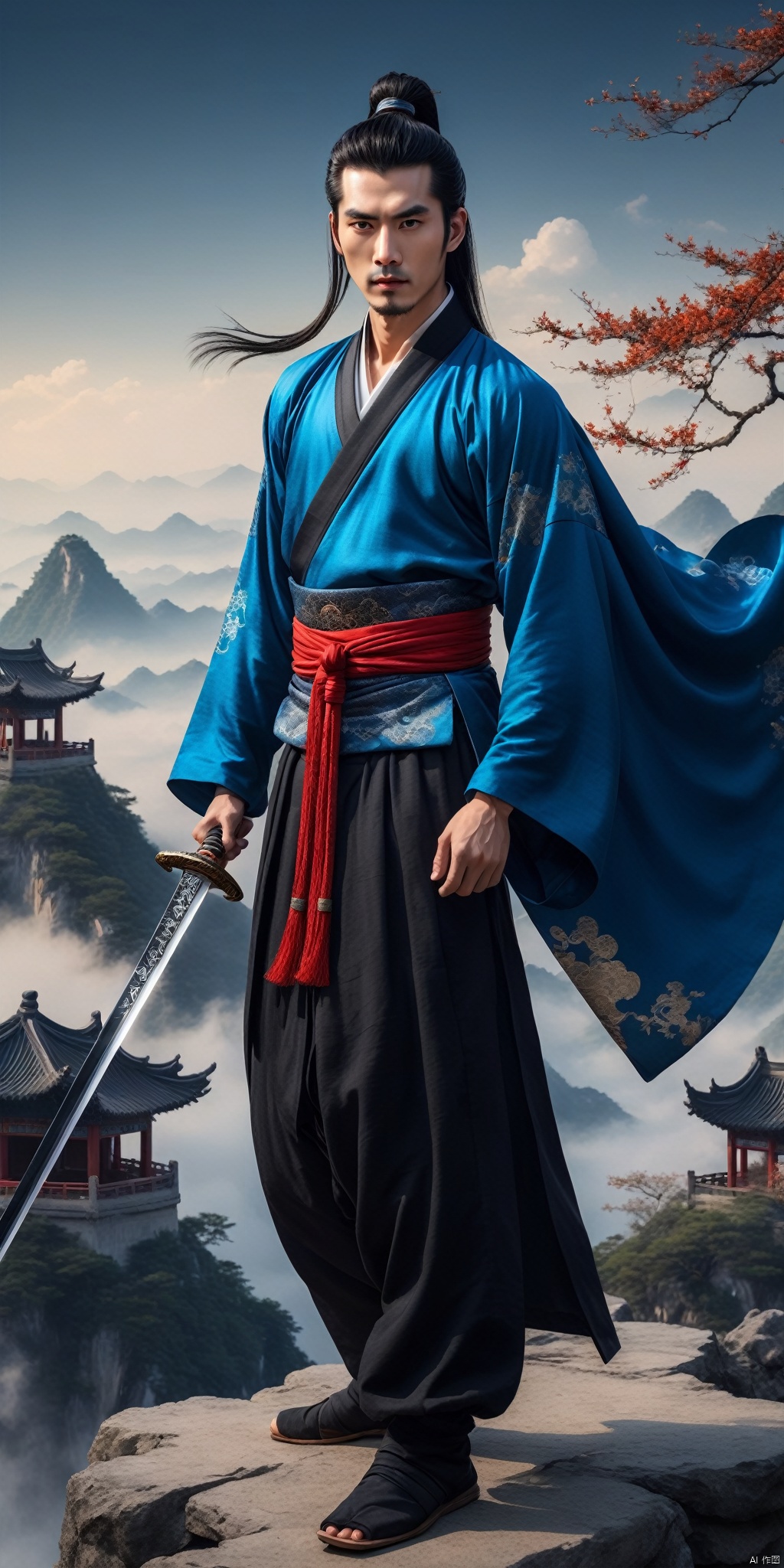 A young man with sword eyebrows and starry eyes, handsome face, exquisite facial features, bright eyes, tall nose bridge, black hair, flowing long hair, high ponytail, black wrist guard, ancient style, cultivation style, blue Taoist robe, exquisite Chinese Hanfu, long pants, Chinese cloth boots, blue sky, perfect figure, exquisite muscles, floating flying sword beside him, exquisite Chinese long sword, standing on the mountaintop, shrouded in clouds and mist, shining with lightning, The style of ink painting, master's work, high-definition 8k