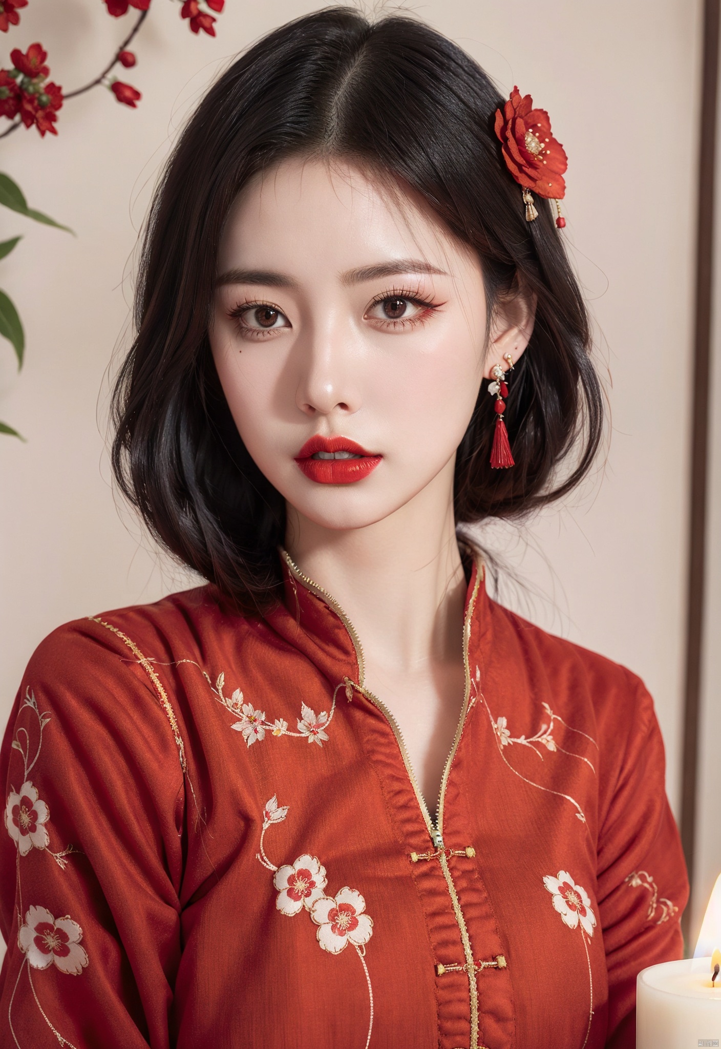 1girl, hair ornament, solo, flower, hair flower, candle, earrings, jewelry, black hair, black eyes, blurry, lips, red lips, looking at viewer, tassel, depth of field, makeup, realistic,(red_clothes:1.5),chinese clothes, floral print, cowboy shot
