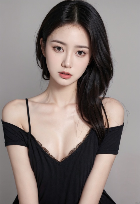 1girl, solo, breasts, cleavage, black hair, long hair, realistic, looking at viewer, simple background, grey background, parted lips, bare shoulders, lips, black eyes, upper body, off shoulder