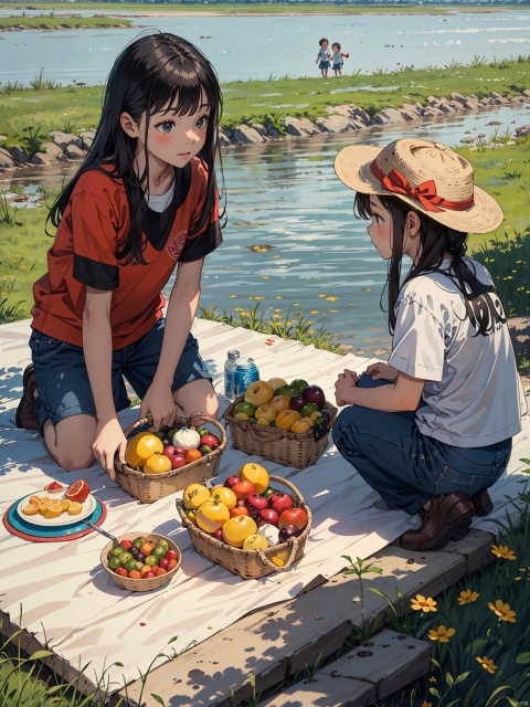 A group of children on Children's Day play on a prairie picnic with a river in the background