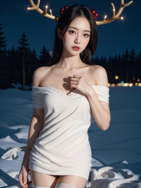 1girl,christmas,bare shoulders,antlers,(cowboy shot close-up),standing,exquisite eyes,night,cityscape,snowing,striped stockings,elegant posture,(an extremely delicate and beautiful),(best quality),((masterpiece)),intricate detail,(masterpiece, high quality, best quality),