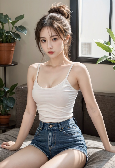 1girl, black leotard, side cutout, (((small breasts))), cleavage, bare arms, highleg, corss-laced clothes, denim shorts, (thighs), (upper body:0.7), high ponytail, (masterpiece, high quality, best quality), (colorful), (delicate eyes and face), volumatic light, ray tracing, extremely detailed CG unity 8k wallpaper, blonde hair, blue eyes, realistic, photorealistic, cowboy shot, indoors, Modern design, Cozy atmosphere, Natural lighting, Minimalist furniture, Warm color scheme, Spacious layout, Artistic accents, Comfortable seating, Stylish decor, Indoor plants, Glasses,