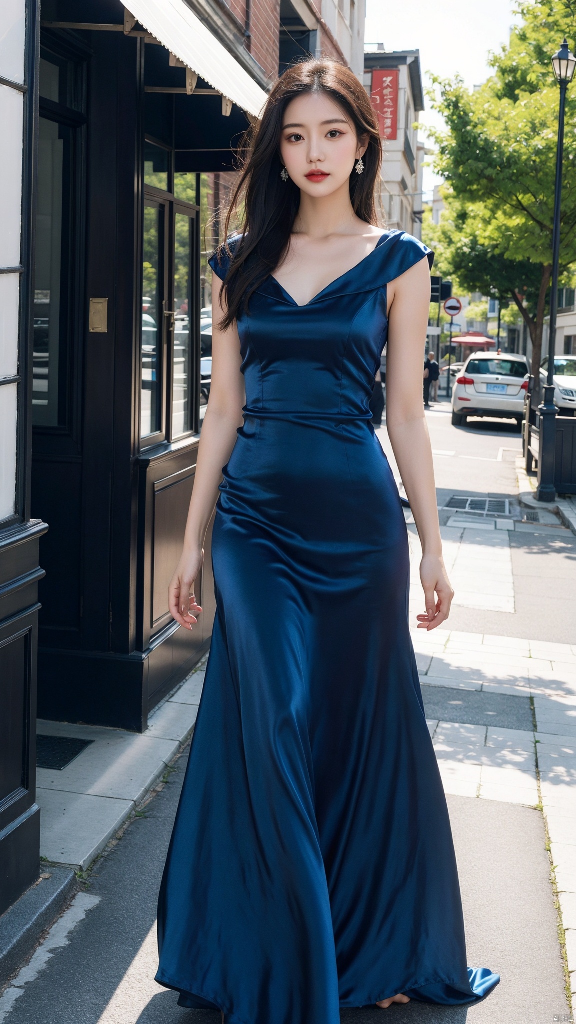 Ridiculous, high resolution, super detailed, (1 young beautiful girl, solo: 1.1), wearing a blue silk evening dress, sunshine, (busy: 0.8)