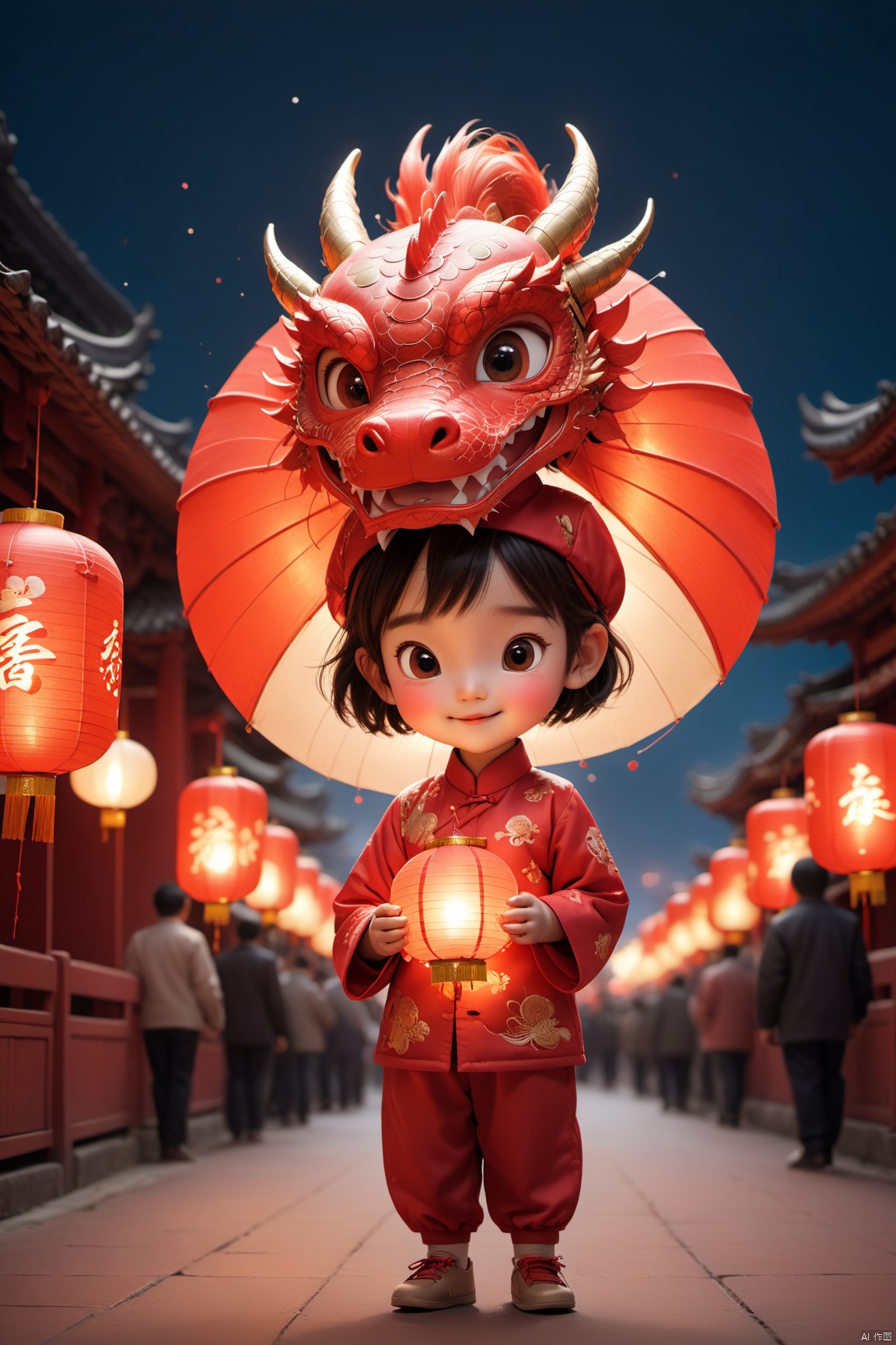  Spring Festival, the red theme, the atmosphere of the spring festival, the little girl wearing a dragon hat, sitting on a red Chinese dragon, the little girl in the blessing, fireworks in the night sky, the night sky dyed colorful. Red Lanterns hung on either side of the window, a festive atmosphere. The bustling crowds on the streets, full of excitement and joy and excitement, celebrate the festival. High-definition artwork, New Year&#039;s Eve, fireworks in the night sky, Red Lanterns, busy streets, celebrations