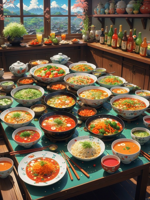 , numerous dishes on a table with vegetables and beverages, in the style of whimsical anime, colorful animation stills, melting pots, villagecore, i can't believe how beautiful this is, 2d game art, japonisme