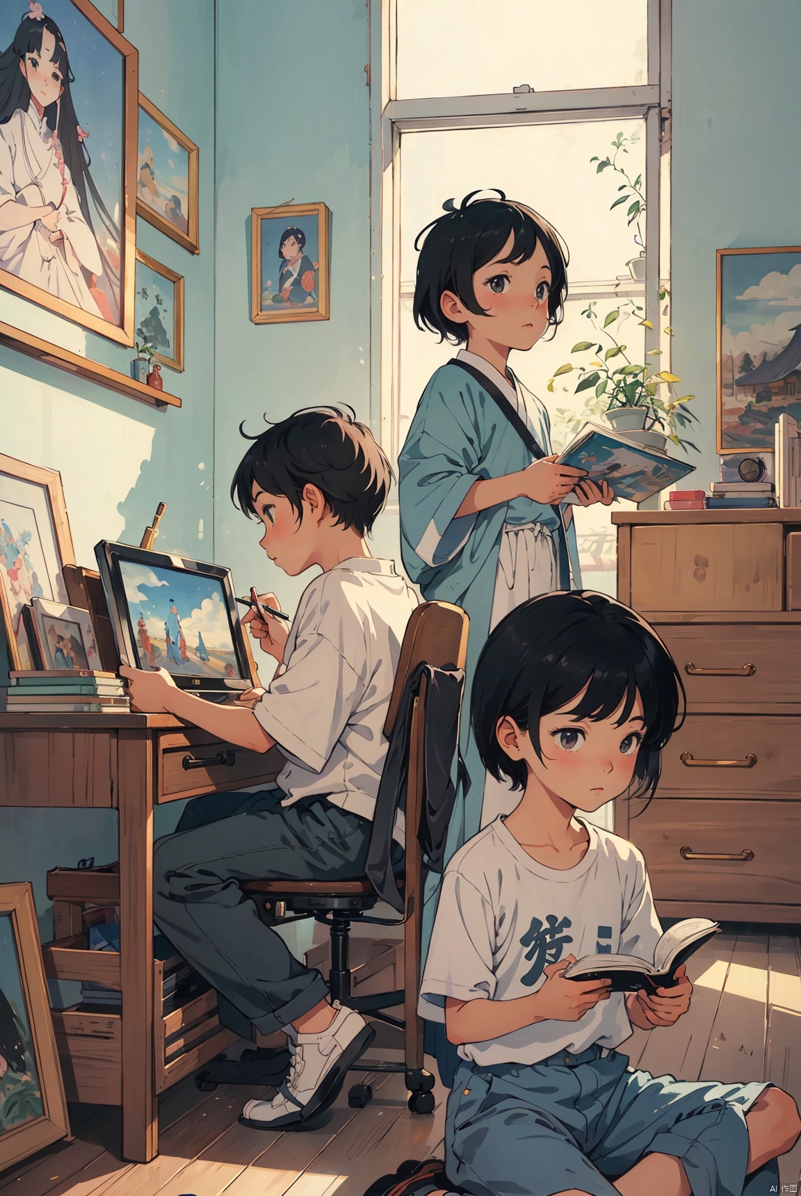 Thick painted Chinese cartoons, textbook illustrations, Feng Zikai, Eastern poetry and painting, childhood memories, 1980s and 1990s, thick painted Chinese cartoons, rural areas, a little boy in the room, watching black and white TV, panoramic composition, delicate lines, high-quality, 32K, high-quality, masterpiece, perfect composition,