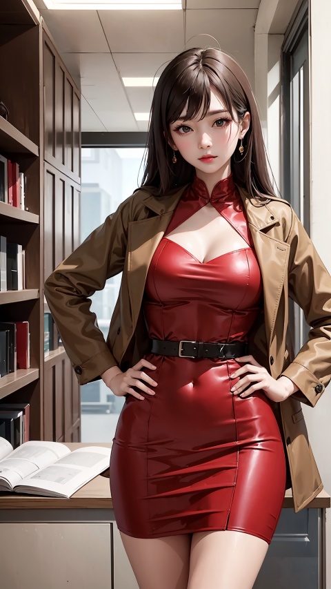 A woman wearing a brown jacket and a red dress posing with her hands on her hips, taking photos. Du Qiong, magazine, photocopy, private publishing house, distant view, 1girl