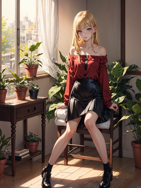 Beautiful figure, bangs, long hair, black eye,night, sitting in the room, bedroom, interior design, indoor plants, outdoor view, blonde hair, rose red pupils, girl, full body photo, leg rings, black top, long hem, covering hands, red skirt, short hem, revealing collarbone, off the shoulder, small leather shoes