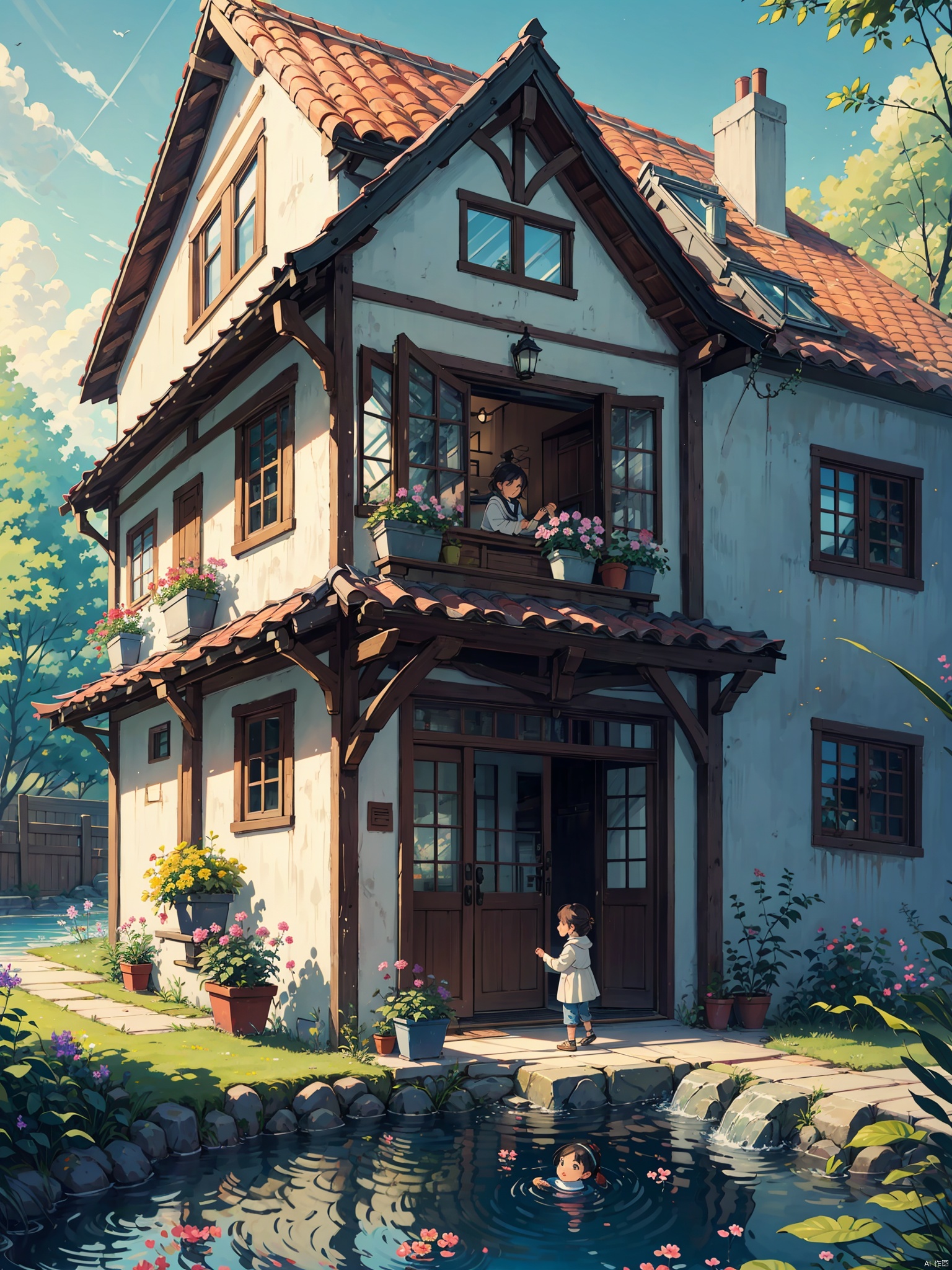 A cozy and warm picture of an old house in my hometown, leisure time, grape trellis, small table, tea set, busy repairing trees and flowers, a flower covered path, a clear stream, fish swimming in the water, a little boy wearing willow trees in the afternoon, and a little girl with braids, holding hands and looking at the flowers and plants not far away with clear eyes,