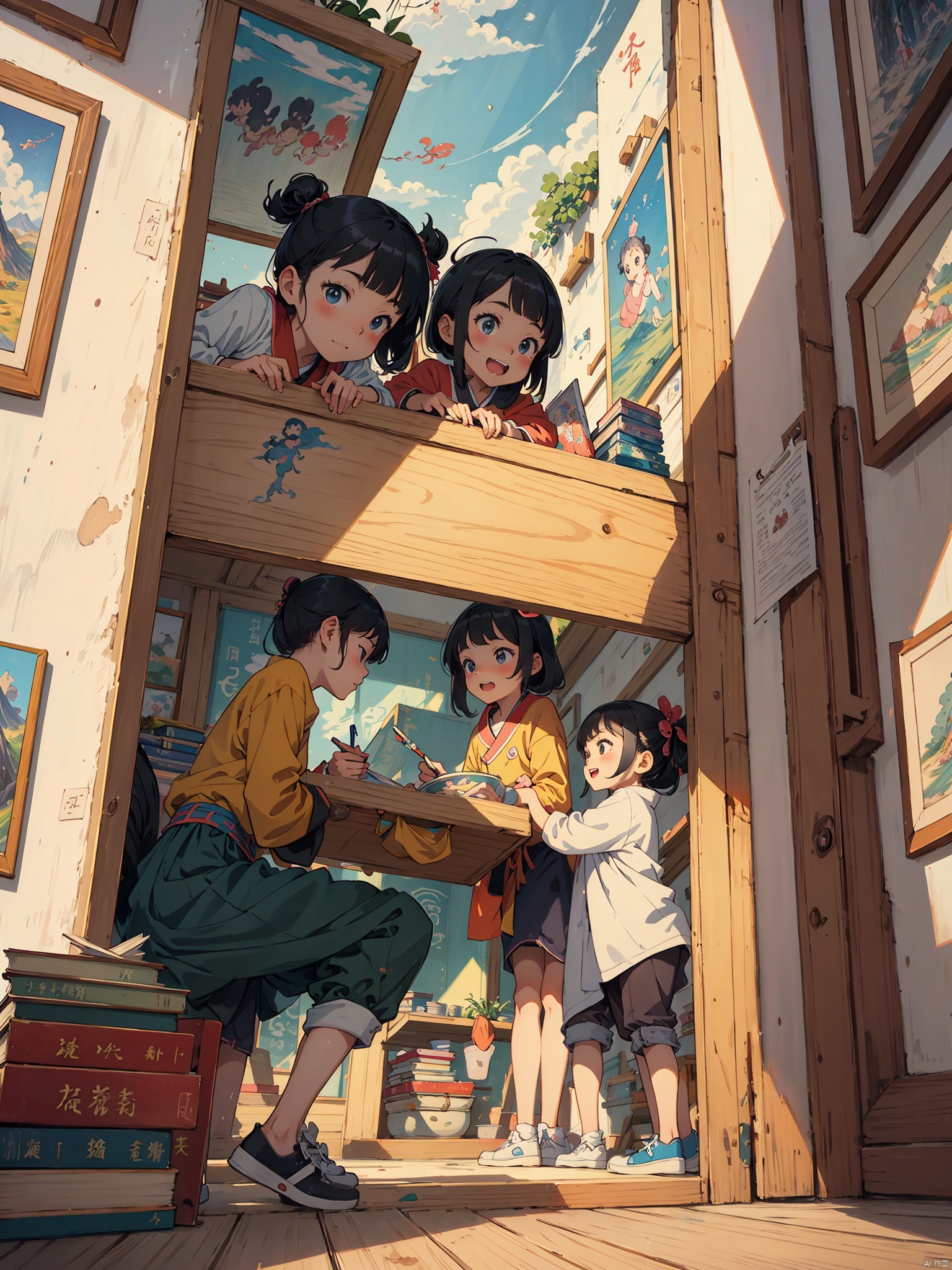 Thick painted Chinese cartoons, textbook illustrations, Feng Zikai, Eastern poetry and painting, happy childhood, a group of children happily climbing mountains, thick painted Chinese cartoons, new Gongbi, childlike picture books, new Gongbi, childlike picture books, 32k, warm home, photography, high-quality, masterpiece, perfect composition,