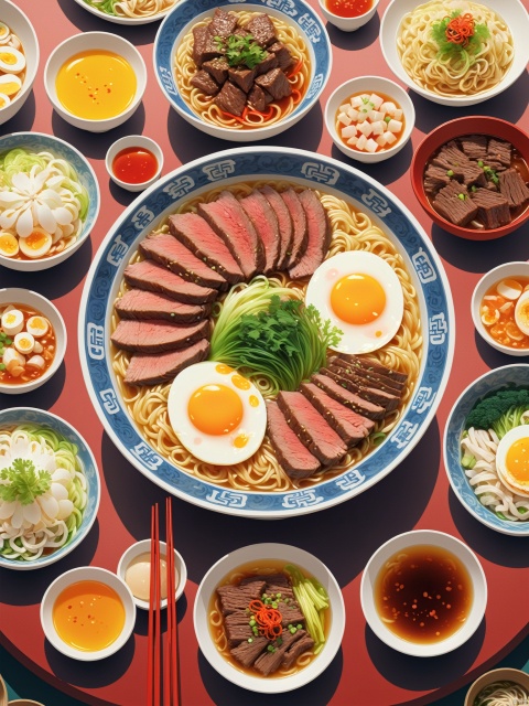 There are many dishes and drinks on one table, cartoon style, colorful cartoon stills, 2D illustrations, a large bowl of egg and beef noodles in the middle, various ingredients, and many small bowls of pickled Chinese cabbage beside, rich color art illustrations,