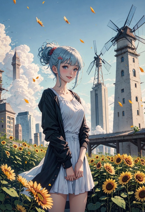 1 girl,flowers (innocent grey),Sky blue hair,standing,1girl, bangs, blue_sky, blush, bouquet, breasts, city, cityscape, cloud, cloudy_sky, collarbone, confetti, daisy, day, falling_petals, fence, ferris_wheel, field, flower, flower_field, hair_ornament, hairclip, holding, holding_flower, house, jacket, leaves_in_wind, long_hair, long_sleeves, looking_at_viewer, open_clothes, open_jacket, outdoors, petals, rose_petals, sky, skyline, skyscraper, smile, solo, sunflower, tower, upper_body, wind, windmill, yellow_flower, (wide shot, mid shot, panorama), blurry,Nebula, flowing skirts,（smoke）,Giant flowers, light master
