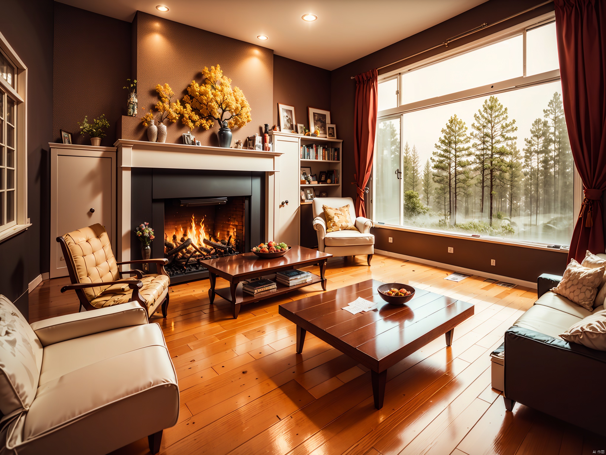 Forest Loft, Premium sofa, Genuine leather white blanket, Warm flames beat in the fireplace, 24-Inch high definition LCD TV hanging on the wall, Large transparent floor-to-ceiling windows, There are many trees outside, High definition 24k,Paper Cuttings style,