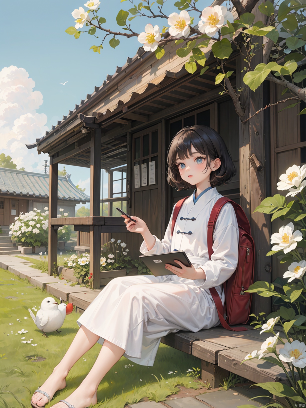 (Masterpiece), (Best Quality), Children's Illustration, Line Stroke, 1 cute girl, blue pupils, curly brown hair, holding a book, backpack, tablet, sitting on the grass, looking at the sky, clouds, donuts, white flowers, detailed details,, A ink painting of a tranquil orchard with Chinese writing on it and a pair of birds building their nest, with a fruit-laden branch in the foreground, An Zhengwen, organic painting, a minimalist painting, art & language, ink and wash,