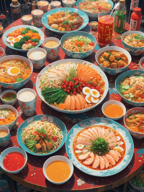 A picture showcasing all the food on the table, including various beverages, ingredients, close-up shots, in the style of anime art, with ultra fine details, colorful washing, 2D illustrations, colorful art, cartoon realism, Chinese punk, conceptual art - ar 4:5