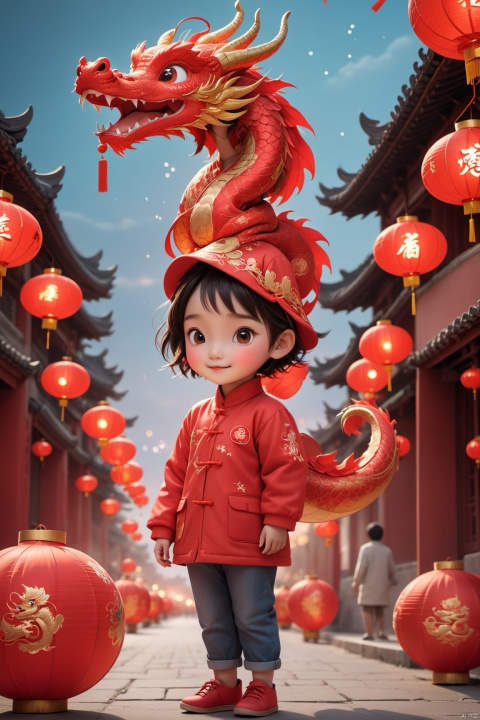  Spring Festival, the red theme, the atmosphere of the spring festival, the little girl wearing a dragon hat, sitting on a red Chinese dragon, the little girl in the blessing, fireworks in the night sky, the night sky dyed colorful. Red Lanterns hung on either side of the window, a festive atmosphere. The bustling crowds on the streets, full of excitement and joy and excitement, celebrate the festival. High-definition artwork, New Year&#039;s Eve, fireworks in the night sky, Red Lanterns, busy streets, celebrations