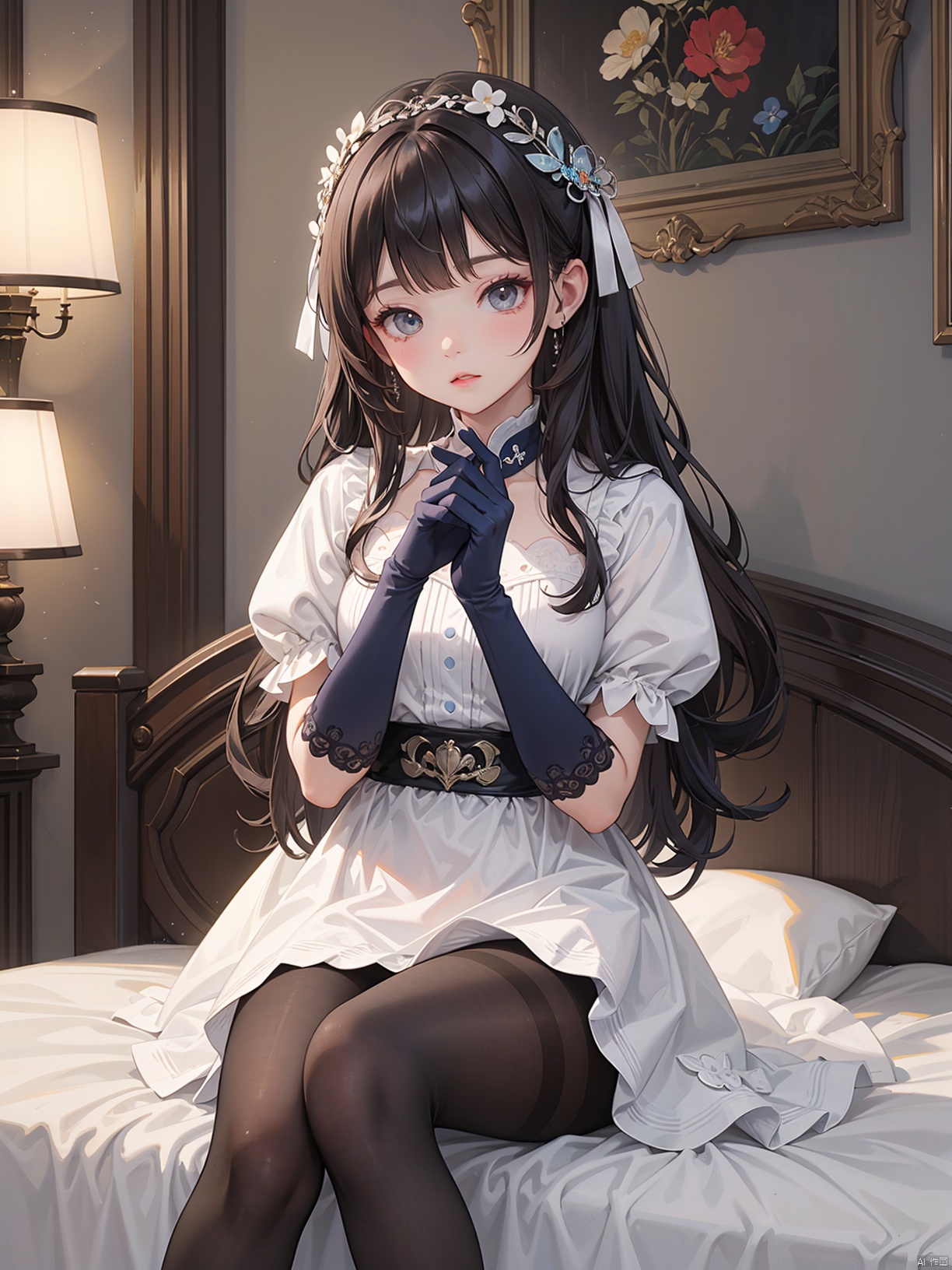  A woman in white dress sits on the bed with a butterfly on her arm, a detailed painting, Fan Qi, soft lighting, fantasy, Kikukawa Yingzan, sots art, rococo, with long hair and blue gloves, sitting cross-legged on the bed, Du Qiong, pantyhose