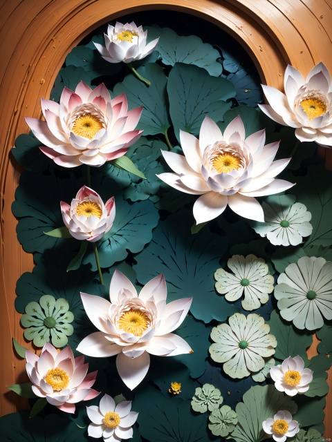 Lotus, big lotus, big lotus petals, densely packed large lotus leaves and big lotus flowers, a small boat in the lotus pond. The girl sits on the wooden boat with her head lowered and eyebrows lowered, her left hand protruding from the white lotus petals, and her right hand carrying her back. The huge white lotus petals make up the top, with neat curled hair and a ball shaped head, without any broken hair. The light blue silk long skirt, which is 2 meters long, sways in the wind and floats in the air, Paper Cuttings style,