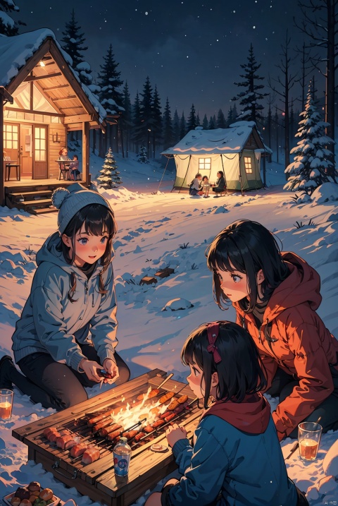 (5 girls watching and playing with each other), whole body (Laurie: 1.2), camping, picnicking, barbecue, barbecue, winter, snow, night, children's illustrations, masterpiece, best quality,