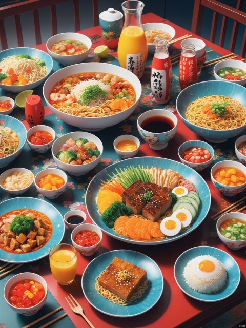 A picture showcasing all the food on the dining table, including various beverages, ingredients, close-up shots, using the style of anime art, with ultra fine details, colorful anime, colorful tableware, colorful visuals, 2D illustrations, color art, cartoon realism, Chinese punk, and conceptual art,