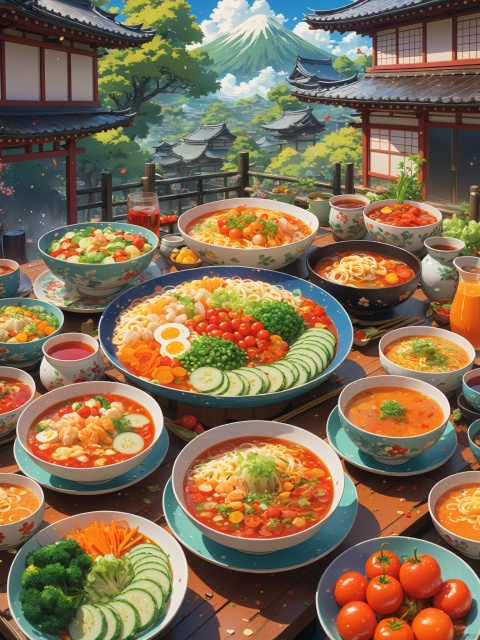 , numerous dishes on a table with vegetables and beverages, in the style of whimsical anime, colorful animation stills, melting pots, villagecore, i can't believe how beautiful this is, 2d game art, japonisme