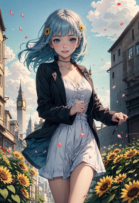 1 girl,flowers (innocent grey),Sky blue hair,standing,1girl, bangs, blue_sky, blush, bouquet, breasts, city, cityscape, cloud, cloudy_sky, collarbone, confetti, daisy, day, falling_petals, fence, ferris_wheel, field, flower, flower_field, hair_ornament, hairclip, holding, holding_flower, house, jacket, leaves_in_wind, long_hair, long_sleeves, looking_at_viewer, open_clothes, open_jacket, outdoors, petals, rose_petals, sky, skyline, skyscraper, smile, solo, sunflower, tower, upper_body, wind, windmill, yellow_flower, (wide shot, mid shot, panorama), blurry,Nebula, flowing skirts,（smoke）,Giant flowers, light master
