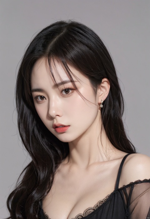 1girl, solo, breasts, cleavage, black hair, long hair, realistic, looking at viewer, simple background, grey background, parted lips, bare shoulders, lips, black eyes, upper body, off shoulder