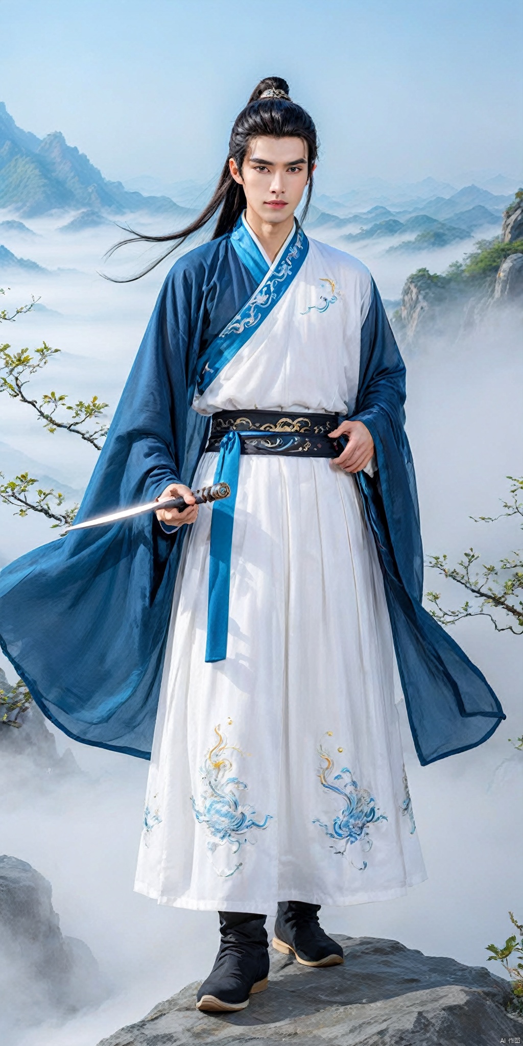 A young man of the Sword Eyebrow Star order, with white eyebrows, a white eyebrow hero, a handsome face, exquisite facial features, bright eyes, a tall and straight nose bridge, jet black hair, flowing long hair, a tall ponytail, black wrist guard, ancient style, cultivation style, blue robe, exquisite Chinese Hanfu, Chinese chivalrous cloth boots, black boots, blue sky, perfect figure, exquisite muscles, holding a large knife, exquisite Chinese big knife, Standing on the mountaintop, shrouded in clouds and mist, sparkling with electric light, ink style, master level work, movie stills, high-definition picture quality, 24K, HanFu Man, 666K