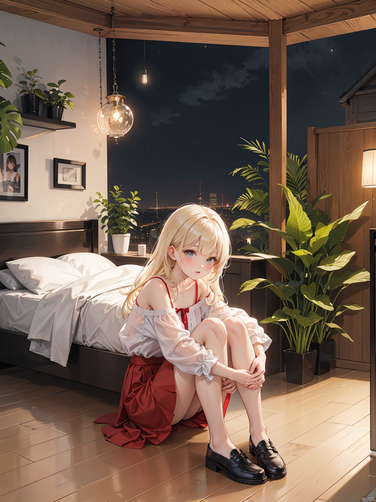  Beautiful figure, bangs, long hair, black eye,night, sitting in the room, bedroom, interior design, indoor plants, outdoor view, blonde hair, rose red pupils, girl, full body photo, leg rings, black top, long hem, covering hands, red skirt, short hem, revealing collarbone, off the shoulder, small leather shoes