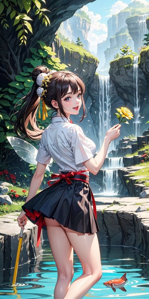 High detail, high precision, bright colors, sunshine, scorching sun, blue sky, (character, a little fairy dancing gracefully in the forest, laughing, dancing on the tree trunk, holding a flower in one hand, shaped like a rose with roots, black brown hair, flying hair bun, ponytail, long hair flowing, hair bun decorated with flowers, short sleeved Hanfu, short skirt, clothes and skirts made of flowers and bird feathers), scene, In the dark cave, with a cool color tone, a dripping karst cave, smooth stones, yellow stones, the cave is full of stalactites. All stalactites are semi transparent, like crystals of various colors. There is a pool on the ground, and fish swim in the pool. The edge of the pool is covered with moss, which sprouts hair like mini flower stems